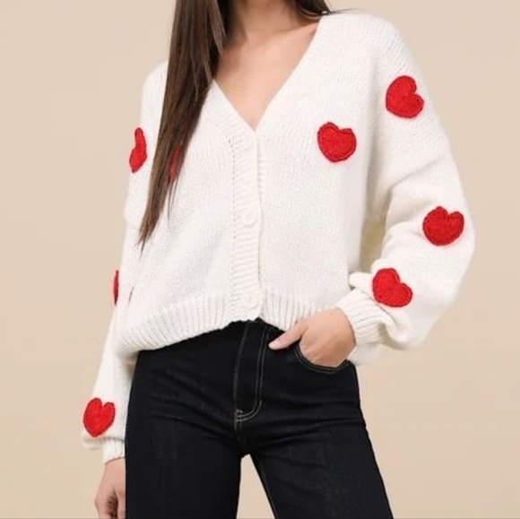 NWT Lulu's White Cardigan with Red Heart Accents - Size L/XL ❤️❤️ - Picture 3 of 11